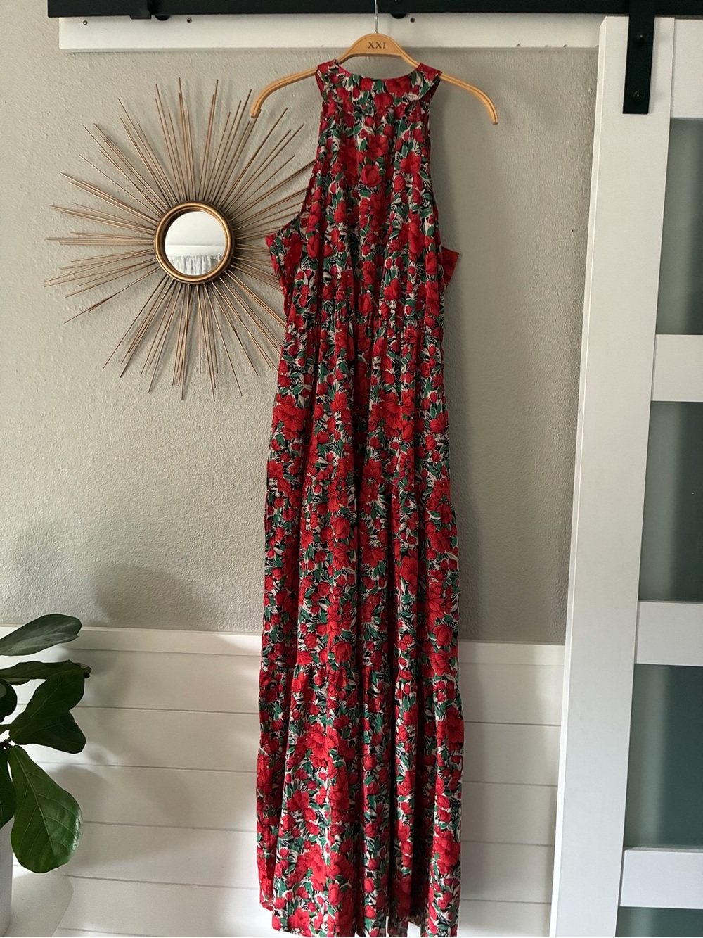 Floral Red Maxi Dress - Sleeveless High Neck